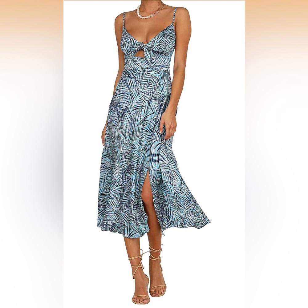 Blue Palm-Print Midi Dress with Front Tie